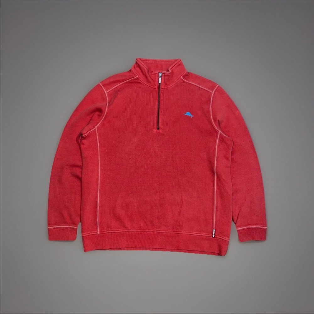 Tommy Bahama Mens Red Orange Coral Relax Tobago Bay 1/4 Zip Sweater Sz L Comfort